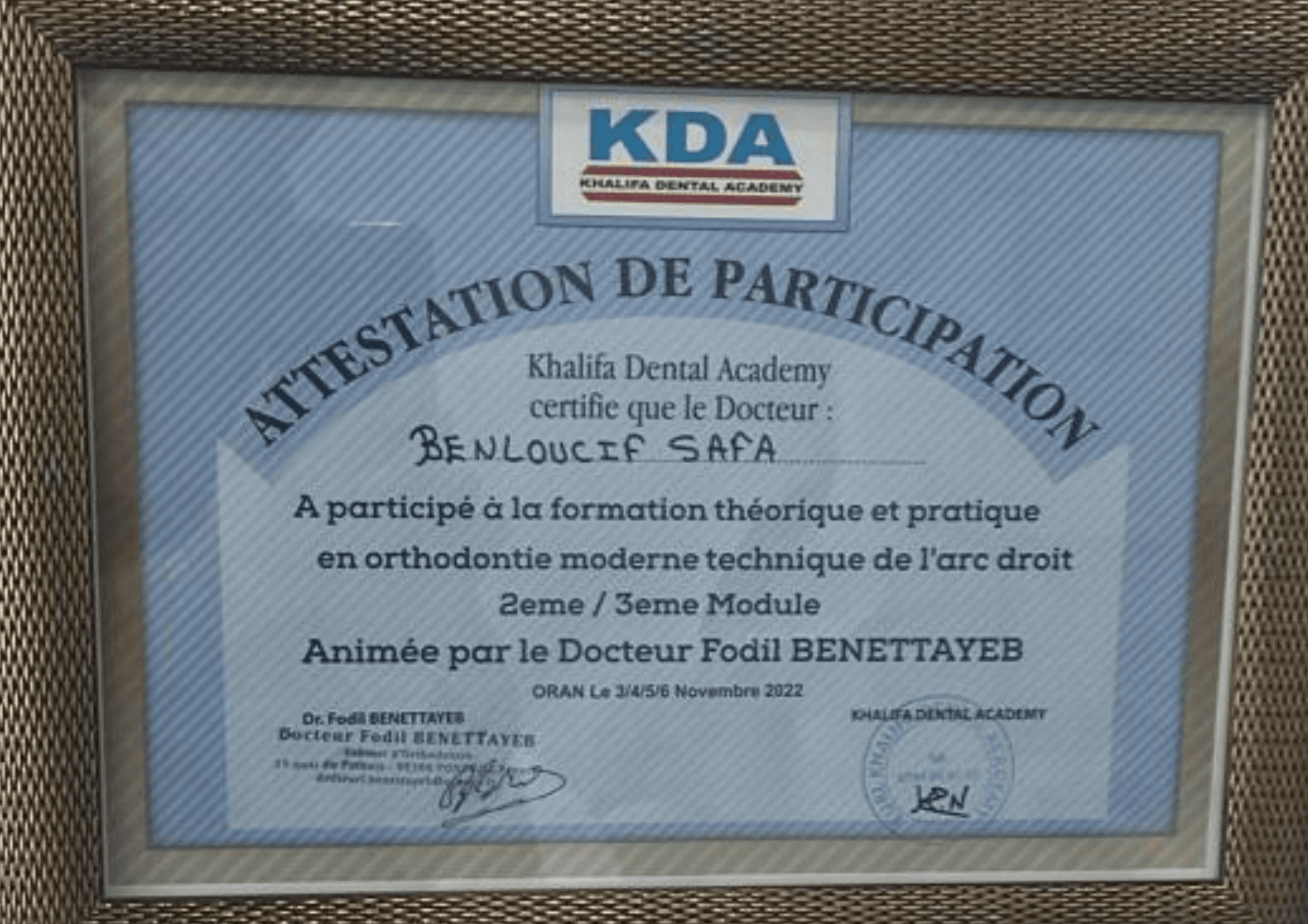 Formation en orthodontie technique de l’arc droit avec Dr Ben Tayeb Fodil – Oran - 2022